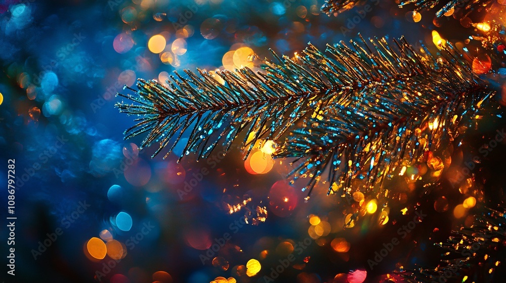 Aufkleber a shimmering evergreen branch adorned with colorful bokeh lights, creating a festive and magical atm