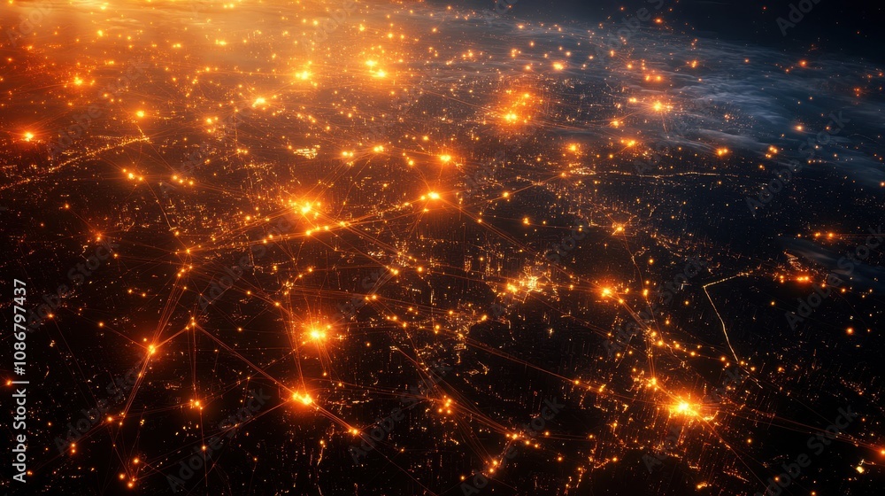 Aufkleber aerial view of a connected city at night with bright lights and networks representing data flow and 