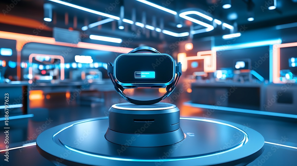 Poster 15. a high-tech podium with a new vr headset displayed in a futuristic electronics store