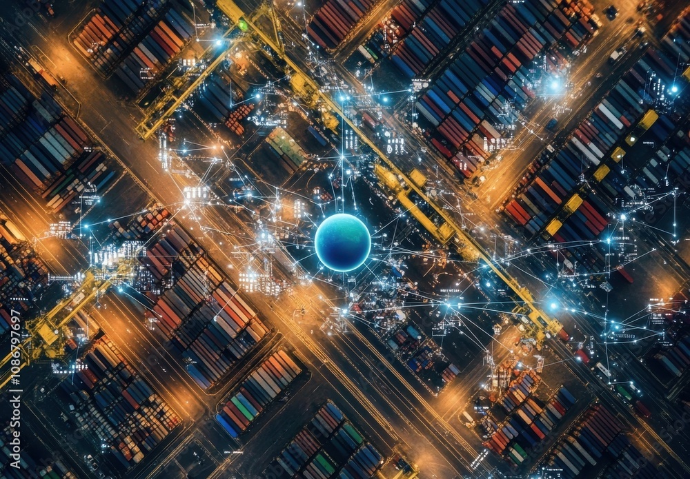Aufkleber aerial view of a container port with digital network connections and illuminated cargo ships at nigh