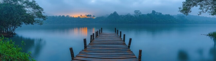 Embark on a Serene Journey of Discovery A Wooden Bridge Extending Over Misty Waters at Dawn, Connecting Shores and Unveiling Hidden Landscapes This Tranquil Scene Captures the Essence of Exploration