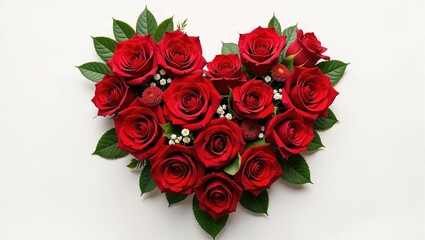 Red roses arranged in the shape of a heart on a white background. Concept of romantic love and affection.
