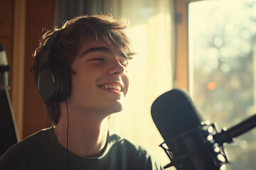 young man smiling candid wearing headphones and recording a podcast in a home studio near a window, with sunlight streaming in. Close-up portrait of a male host talking into a microphone on a radio