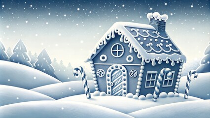 Fototapeta premium Whimsical gingerbread house with candy canes in a snowy landscape during winter