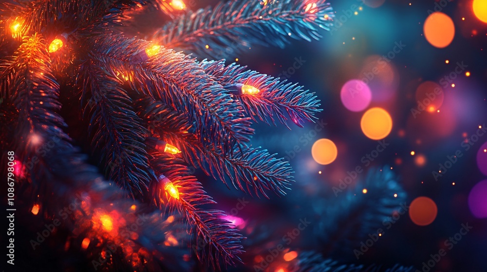 Aufkleber a close-up of a christmas tree branch adorned with colorful lights, creating a festive and magical a