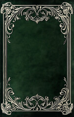 book cover design, in a emerald green color with silver filigree, featuring a simple pattern on the border of the illustration