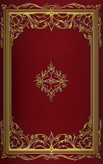 book cover design, in a burgundy color with gold borders and filigree, featuring a simple pattern on the border of the illustration.