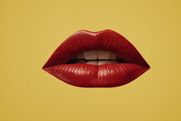 Close-up of red lips against yellow background