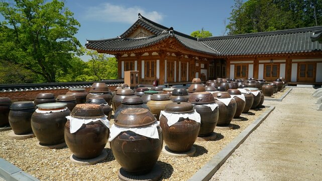 Jars placed in front of Songgwangsa Temple building in Suncheon