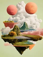 Surreal Floating Landscape with Dreamlike Composition and Digital Art Elements