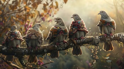 Obraz premium Several pairs of lovely doves perched on a fallen limb decked in fantastic woolen wraps
