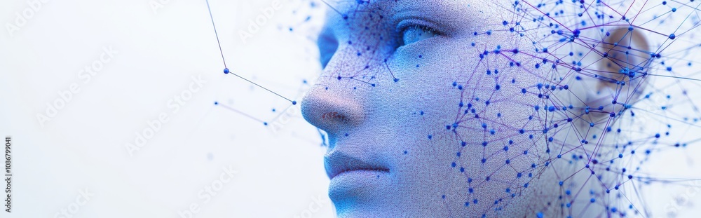 Poster futuristic close-up of a human face with network connections and digital elements representing artif