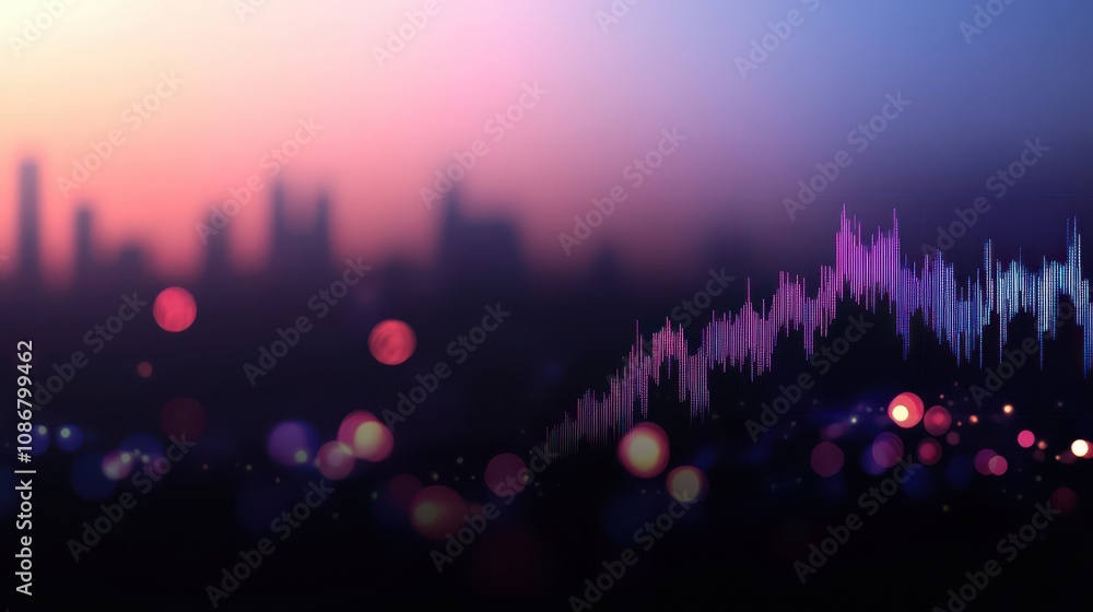 Poster vibrant abstract audio visualization with colorful waveform and bokeh effect at sunset over a city s
