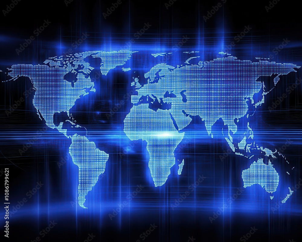 Poster blue digital world map with gridlines and glowing lines representing global connectivity in a techno
