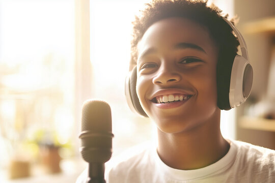 young black man smiling candid wearing headphones and recording a podcast in a home studio near a window, with sunlight streaming in. Close-up portrait of a male host talking into a microphone  