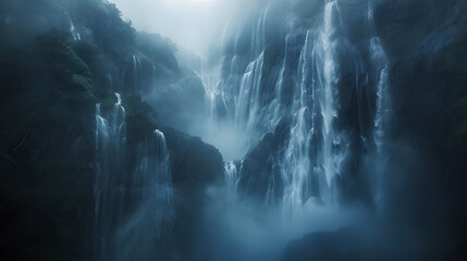 A waterfall is shown in the distance with mist and fog surrounding it