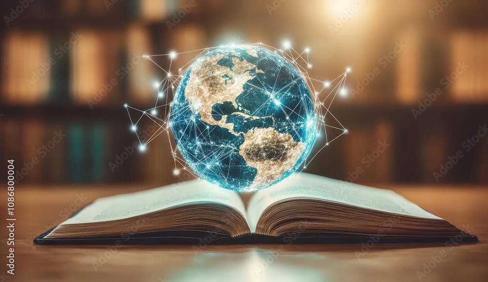 Poster open book with floating digital globe representing global knowledge and connectivity in a library se