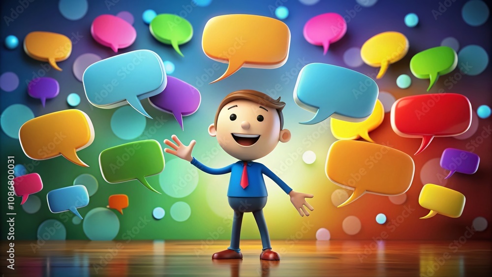Poster creative stickman engaging in conversation with speech bubbles and colorful background, perfect for 