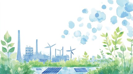 Naklejka premium Creative Pattern Depicting an Eco-Friendly Factory Landscape with Plant Illustrations, Solar Energy Elements, Soft Watercolor Tones, Emphasizing Green Sustainability and World Environment Day Themes,
