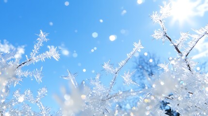 Naklejka premium Beautiful Frosty Branches in a Winter Wonderland with Sparkling Snowflakes and Blue Sky