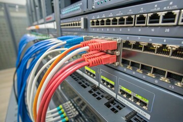 Fototapeta premium Close-Up of Network Switches and Ethernet Cables in a Data Center Server Room - Information Technology Solutions, Network Infrastructure, and Modern IT Equipment