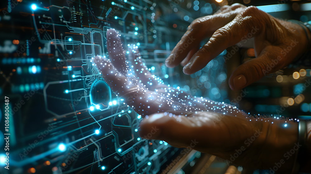 Poster touching fingers of engineer and digital technology that he creates. acquaintance of man and technol