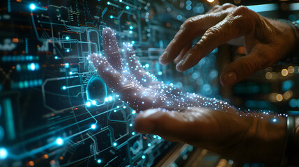 Touching fingers of engineer and digital technology that he creates. Acquaintance of man and technology