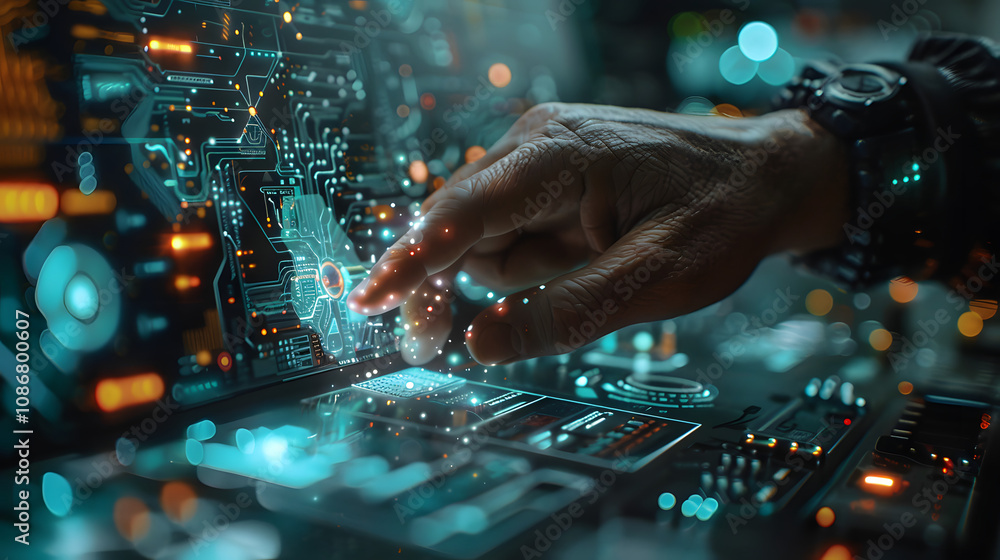 Poster touching fingers of engineer and digital technology that he creates. acquaintance of man and technol