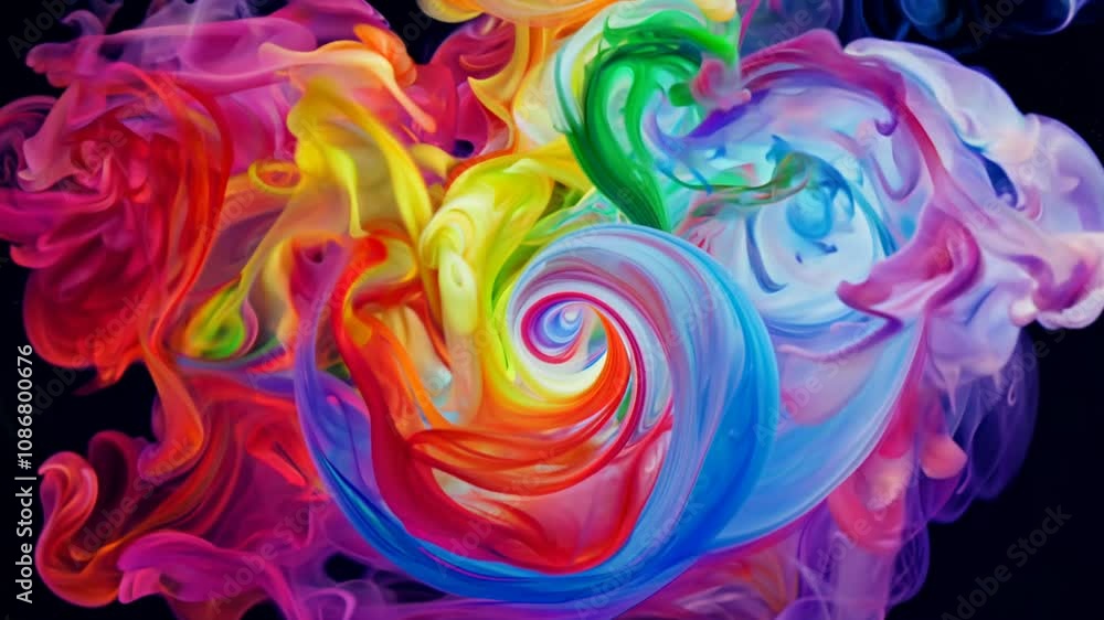 Poster camera slowly zooms into swirling colorful smoke in a rainbow color scheme, creating mesmerizing pat