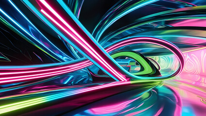3d render. Abstract panoramic background of twisted dynamic neon lines glowing in the dark room with floor reflection. Virtual fluorescent ribbon loop. Fantastic minimalist wallpaper,3d illustration,
