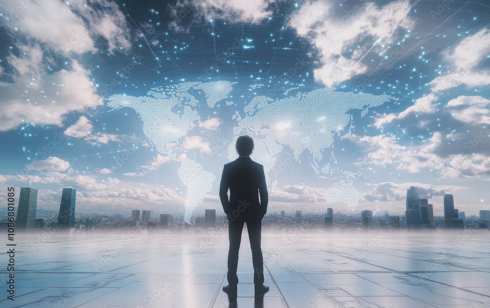 Poster businessman standing on futuristic platform with world map display and cloudy sky, symbolizing globa