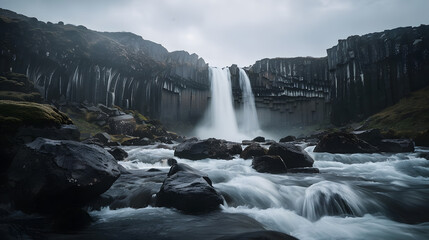 Fototapeta premium A waterfall is flowing down a rocky hillside
