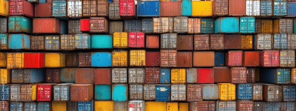 Poster colorful stacked cargo containers in a shipping yard showcasing different textures and patterns for 