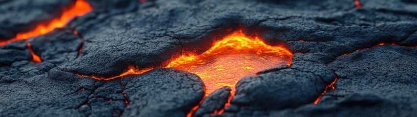 Lava flows through cracks in volcanic rock, showcasing the vibrant glow of molten magma against the dark landscape.