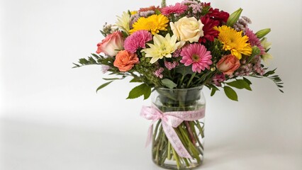 Father's Day bouquet of flowers in a vase with ribbon, flower colors, ribbon, vase
