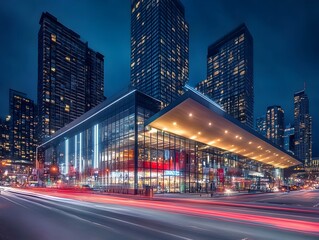 Obraz premium Dazzling Nighttime Skyline of a Modern Metropolis with Illuminated Skyscrapers and Blurred Traffic Lights