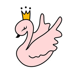 Cute swan princess with crown on a white background, t-shirt, baby shower, greeting card, kid clothes template. Vector illustration.
