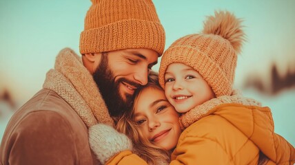 Warm family portrait in cozy winter clothing