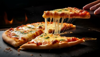 伸びるチーズが際立つピザ、焼き色がついたクラストと具材が織りなす調和