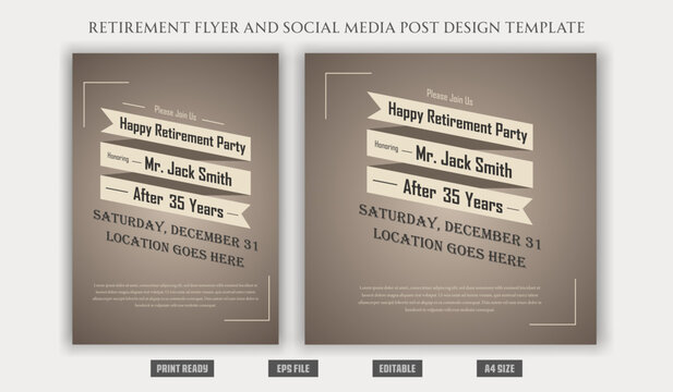 Happy Retirement Party Flyer banner poster design brochure a4 social media post design squire vintage, old tri-fold celebration festive vacation decoration print ready templates.