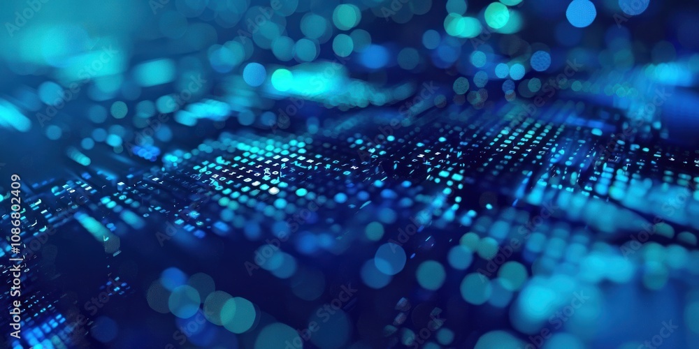 Poster computer code blue tone background digital visualization.