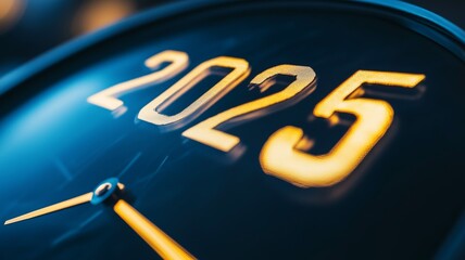 Close-up of a futuristic clock with glowing year 2025