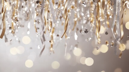 Fototapeta premium Elegant New Year's Eve scene featuring shimmering gold and silver streamers, glossy decorations, and sparkling confetti for a celebratory mood.. Christmas, New Year's Eve