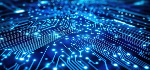 Fototapeta premium Futuristic Digital Circuit Board Background with Glowing Blue Lights and Intricate Patterns, Representing Technology, Data, and Connectivity Concepts