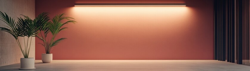 Modern interior design featuring plants, lighting, and a minimalist aesthetic.