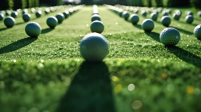 A maintaining golf course with multiple golf balls arranged in rows on lush green grass.