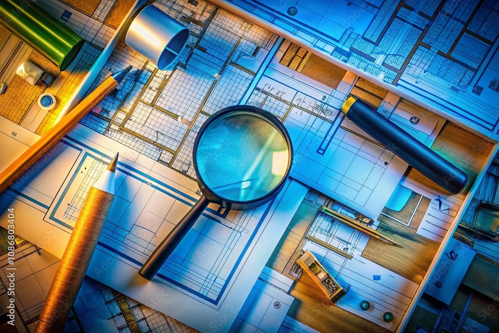 Poster detailed aerial view of construction blueprints with magnifying glass on worktable highlighting prec
