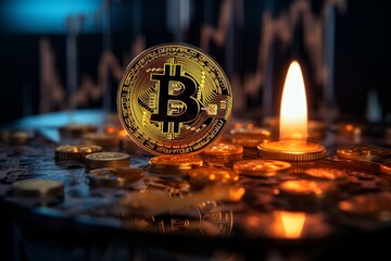 A prominent Bitcoin coin stands tall amidst various smaller coins, all softly illuminated by a flickering candle in a dimly lit atmosphere