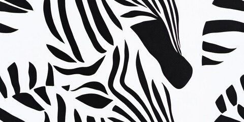 Abstract seamless pattern of zebra stripes with bold black shapes on a white background, creating a modern and striking wildlife-inspired design..