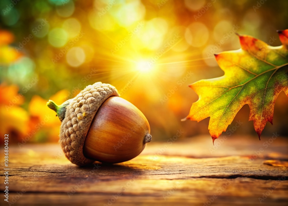 Poster detailed drawing of an acorn with natural textures and warm tones perfect for nature-themed projects